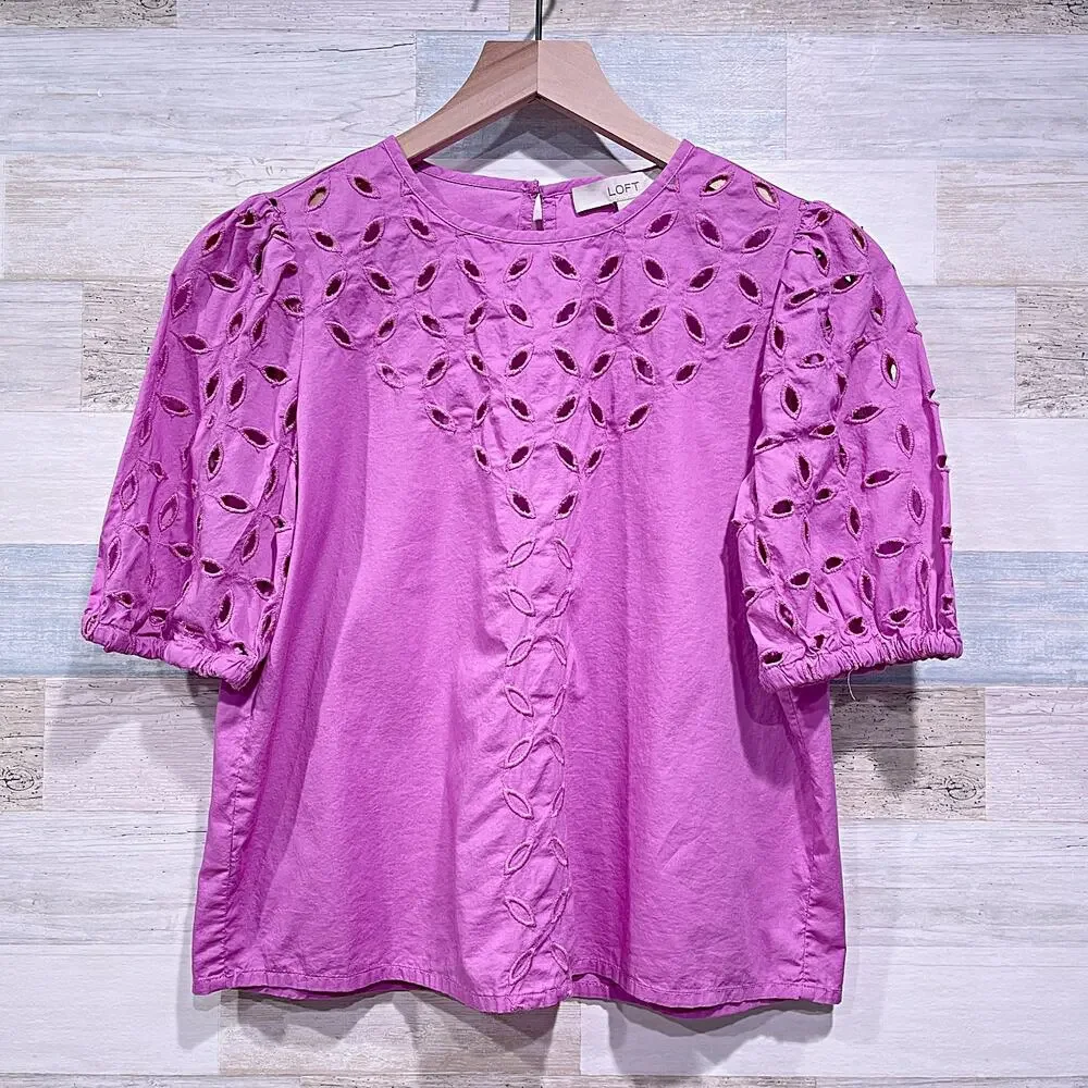 LOFT Eyelet Puff Sleeve Top Purple Cotton Poplin Casual Womens XXS Petite XXSP